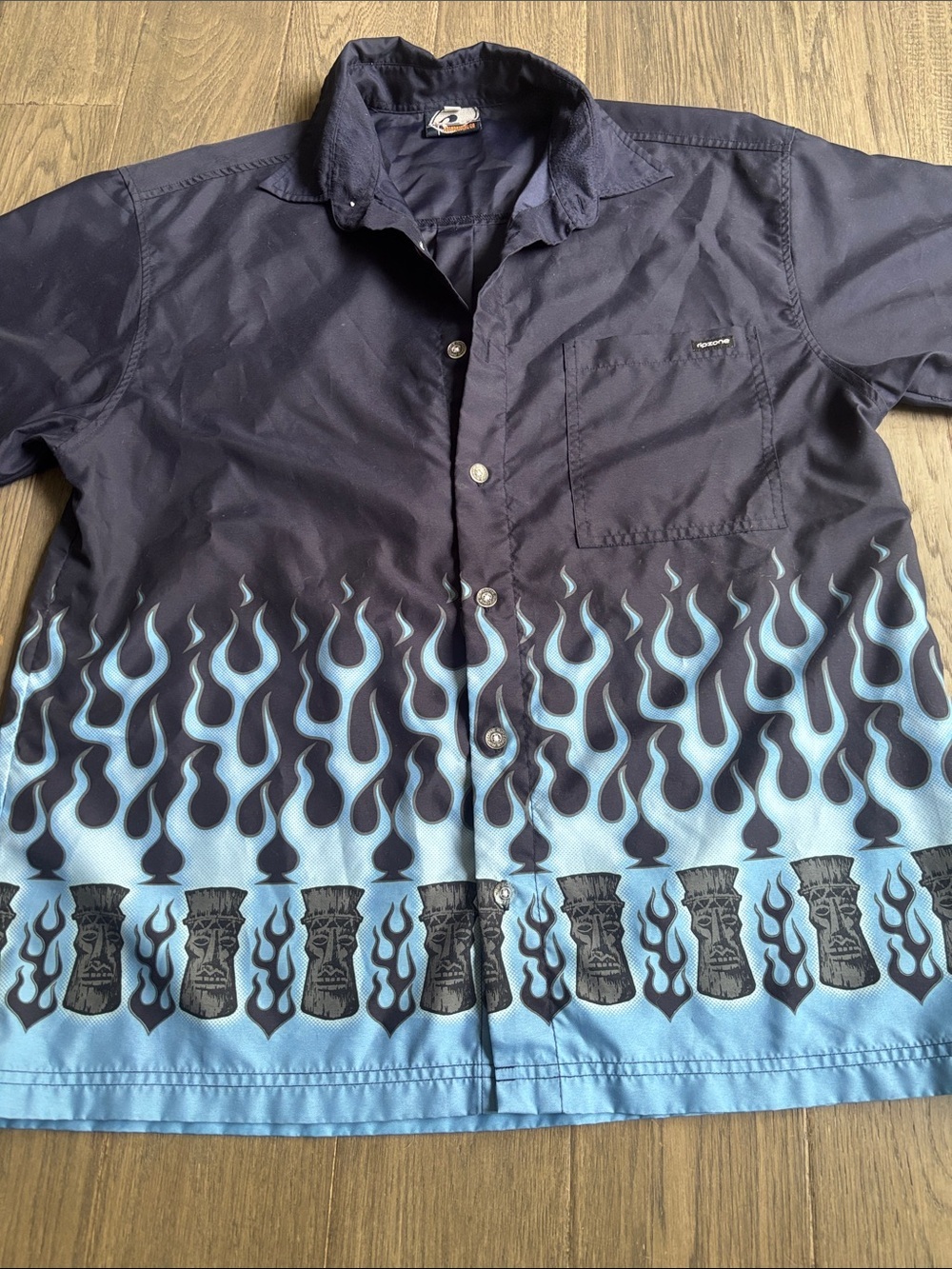 Ripzone | Vintage 90’s Rave Navy Blue Short-Sleeve Button Shirt Blue Flame Tiki